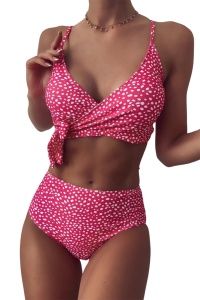Costum de baie dama, 2 piese, model trendy sexy cu pete si buline, sutien tip bustiera eleganta si chilot cu talie inalta roz