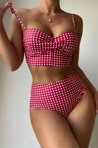 Costum de baie dama, 2 piese, model vintage, sutien tip bustiera si chilot talie inalta, tematica 90's summer dream rosu - Img 4