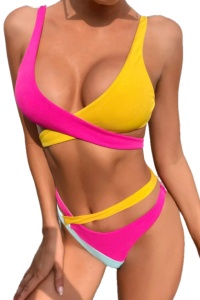Costum de baie dama, 2 piese, multicolor, slip brazilian, sutien cu push-up