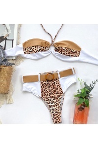 Costum de baie dama, 2 piese, slip brazilian talie inalta si sutien cu push-up, animal print, alb RO - Img 3