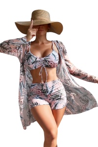 Costum de baie dama, 3 piese, model confortabil elegant pentru vara, sutien tip bustiera, chilot cu fronseu si cover up cu maneci lungi roz