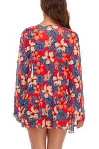Costum de baie dama, 3 piese, model floral, sutien cu accesoriu metalic, chilot clasic si cover up cu maneci lungi portocaliu - Img 4