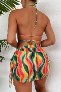 Costum de baie dama, 3 piese, model jungle colorat crossbody, cu fusta tip cover up multicolor - Img 2