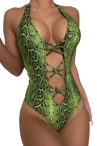 Costum de baie dama, o piesa, animal print sarpe, verde, decolteu adanc in V, slip brazilian
