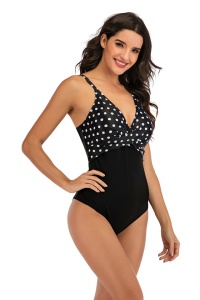 Costum de baie dama, o piesa, clasic cu croi chic, model cu buline negru - Img 3