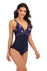 Costum de baie dama, o piesa, clasic cu croi chic, model floral albastru - Img 2
