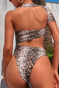 Costum de baie dama, o piesa, cu maneca scurta si umar gol, animal print, chilot brazilian - Img 2