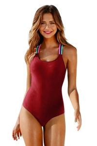 Costum de baie dama, o piesa, model clasic atragator cu bretele multiple si chilot decupaj normal, culori vii si intense, tematica all eyes on me visiniu