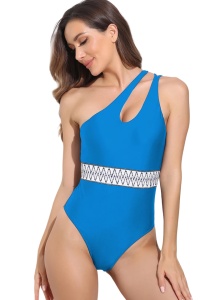 Costum de baie dama, o piesa, model clasic elegant, detaliu care accentueaza talia, tematica traditional summer albastru inchis