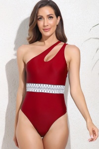 Costum de baie dama, o piesa, model clasic elegant, detaliu care accentueaza talia, tematica traditional summer visiniu - Img 3