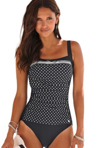 Costum de baie dama, o piesa, model clasic, imprimeu buline mici, cu detaliu alb