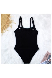 Costum de baie dama, o piesa, model clasic, imprimeu buline mici, cu detaliu turcoaz - Img 4