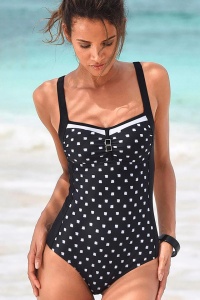 Costum de baie dama, o piesa, model clasic, imprimeu vesel si accesoriu la decolteu negru - Img 3