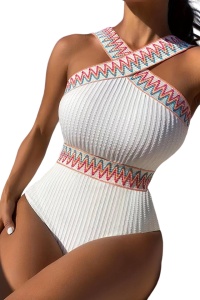 Costum de baie dama, o piesa, model royal, bretele in X la decolteu, detalii rustice, tematica I love summer alb
