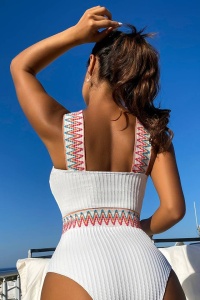 Costum de baie dama, o piesa, model royal, bretele in X la decolteu, detalii rustice, tematica I love summer alb - Img 2