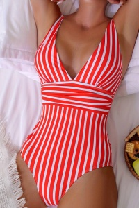 Costum de baie dama, o piesa, model sexy confortabil, decolteu in V si chilot decupaj clasic, tematica hot and cozy summer rosu portocaliu - Img 3