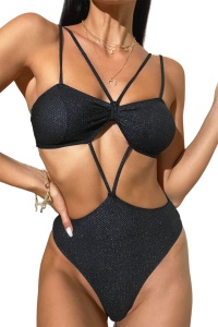 Costum de baie dama, o piesa, model sexy shiny bondage negru