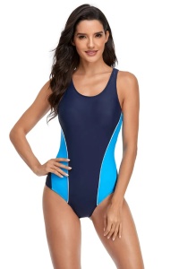 Costum de baie dama, o piesa, model sportiv, M2, decupaj la spate albastru