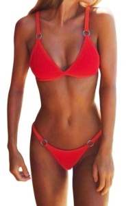 Costum de baie dama, rosu, 2 piese, imprimeu uni, sutien reglabil, slip tanga