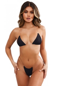Costum De Baie Mini Bretele Transparente, 2 Piese, Sutien Bikini Tanga, Negru, M