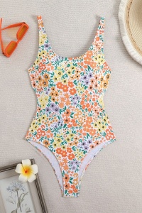 Costum de baie, o piesa, model delicat, prindere la spate metalica si chilot decupaj clasic, imprimeu floral, tematica romatic summer galben multicolor - Img 2