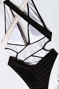 Costum de baie, o piesa, model duo incitant, decolteu generos si chilot decupaj clasic croi ingust, tematica elegant summer negru cu bej - Img 4