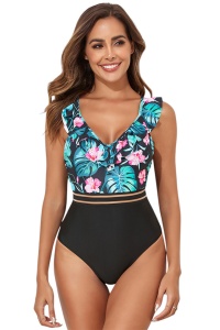 Costum de baie, o piesa, model elegant cu detaliu de subtiere a taliei, bretele cu volans si chilot decupaj clasic, tematica summer vibe negru cu verde