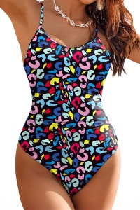 Costum de baie, o piesa, model vesel, bretele subtiri si chilot decupaj clasic, tematica poveste de vara multicolor