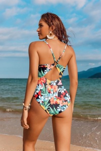 Costum de baie, o piesa, model vesel, bretele subtiri si chilot decupaj clasic, tematica poveste de vara negru cu multicolor - Img 2