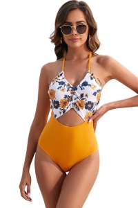 Costum de baie, o piesa, model vesel cu abdomen la vedere si spate gol, chilot decupaj clasic, tematica chill sunny day galben