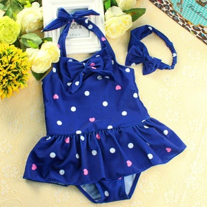 Costum de baie pentru fetite, accesorizat cu bentita elastica, prindere reglabila dupa gat, model body tip fustita, tematica buline vesele, albastru - Img 4