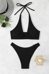 Costum de baie, set 2 piese, model chic cu inimioara, sutien tip bustiera si chilot decupaj clasic croi ingust, tematica summer love negru - Img 3