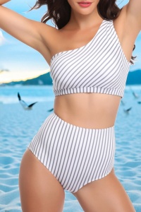 Costum de baie, set 2 piese, model confortabil, sutien tip bustiera si chilot talie inalta, imprimeu cu dungi, tematica summer joy alb cu gri - Img 4