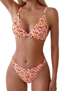 Costum de baie, set 2 piese, model cute and sexy, sutien cupe triunghiulare si chilot reglabil decupaj clasic croi ingust, tematica happy summer portocaliu