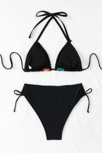 Costum de baie, set 2 piese, model deosebit, sutien cupe triunghiulare si chilot decupaj clasic, tematica summer fashion negru - Img 4