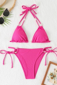 Costum de baie, set 2 piese, model jucaus, sutien cupe triunghiulare si chilot decupaj clasic croi ingust, accesorii delicate, tematica summer vibe roz - Img 3