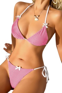 Costum de baie, set 2 piese, model minimalist cu fundite, sutien cupe triunghiulare si chilot decupaj clasic croi ingust, tematica sexy summer alb cu roz