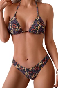 Costum de baie, set 2 piese, model minimalist cu imprimeu delicat, sutien cupe triunghiulare reglabil si chilot decupaj clasic croi ingust, tematica hot summer multicolor