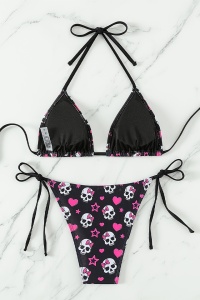 Costum de baie, set 2 piese, model minimalist, imprimeu cute and fun, sutien cupe triunghiulare si chilot decupaj clasic croi ingust reglabil, tematica crazy queen beach negru cu roz - Img 4