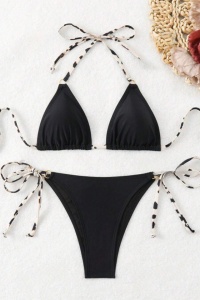 Costum de baie, set 2 piese, model sexy minimalist, sutien cupe triunghiulare si chilot decupaj clasic croi ingust, tematica beach queen negru - Img 2