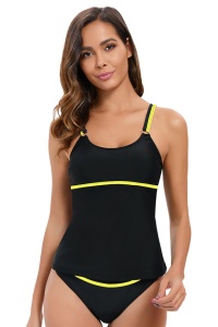 Costum de baie, set 2 piese, model sport delicat, maieu cu bretele subtiri si chilot decupaj clasic, ideal pentru activitati pe plaja, tematica sport beach negru cu galben - Img 4