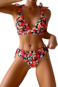 Costum de baie, set 2 piese, model vesel, imprimeu floral, sutien cupe triunghiulare si chilot decupaj clasic, tematica super summer vibe multicolor