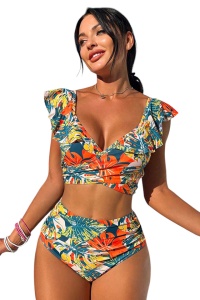 Costum de baie, set 2 piese, model vesel, imprimeu floral, sutien tip bustiera prindere crossbody si chilot talie inalta, tematica summer energy multicolor