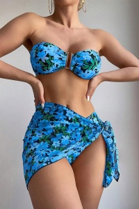 Costum de baie, set 3 piese, model vesel si versatil, sutien cu accesoriu, chilot decupaj clasic si cover tip fusta scurta, tematica summer vibe albastru - Img 3
