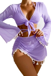 Costum de baie, set 4 piese, model vesel jucaus, accesorii ciucurei, sutien prindere crossbody, chilot decupaj clasic croi ingust, top scurt maneci lungi si fusta scurta semitransparenta, tematica beach party mood mov