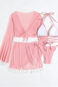 Costum de baie, set 4 piese, model vesel jucaus, accesorii ciucurei, sutien prindere crossbody, chilot decupaj clasic croi ingust, top scurt maneci lungi si fusta scurta semitransparenta, tematica beach party mood roz - Img 4