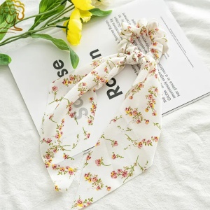 Elastic de par, accesorizat cu funda ponytail, model fantezie cu flori, imprimeu floral, alb - Img 2