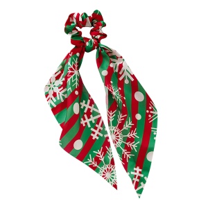 Elastic de par, model de sarbatoare cu prelungire tip ponytail, imprimeu vesel cu tematica de Craciun, verde cu rosu
