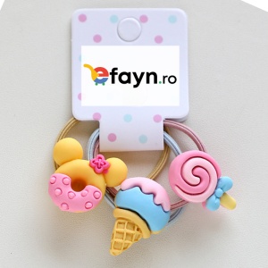 Elastic par pentru copii, set 3 bucati, model jucaus, cu accesorii dulciuri colorate, roz - Img 2