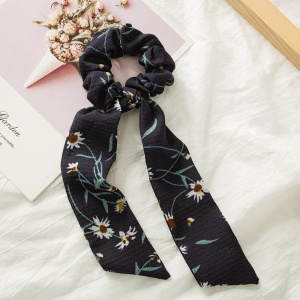Elastic pentru par, model ponytail, imprimeu floral, albastru inchis - Img 2
